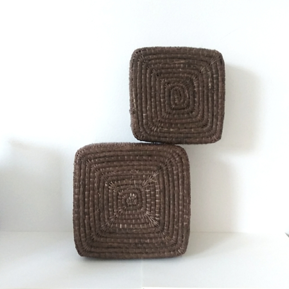 2 Straw Woven Square Cottagecore Boho Storage Boxes w/ lids